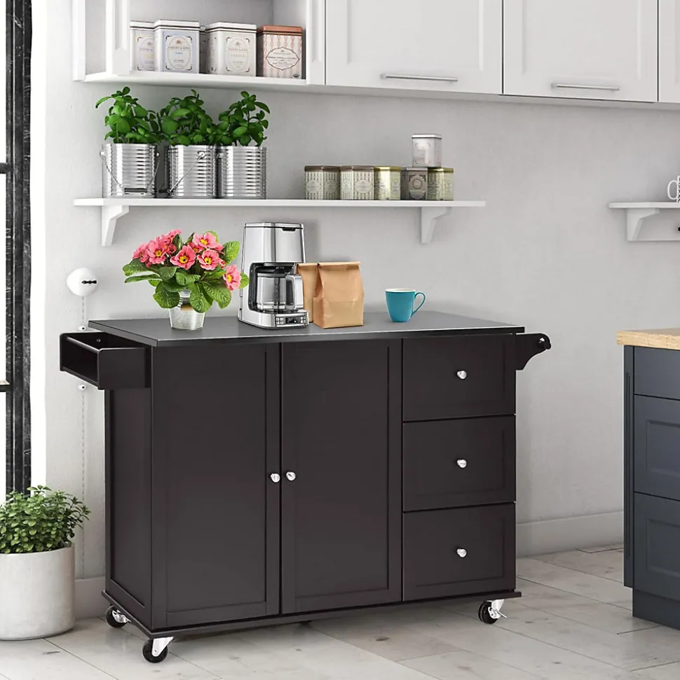 Desserte Îlot de Cuisine Desserte à roulettes avec 3 Tiroirs Support à Épices Porte Serviettes Brun