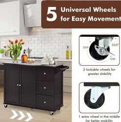 Desserte Îlot de Cuisine Desserte à roulettes avec 3 Tiroirs Support à Épices Porte Serviettes Brun