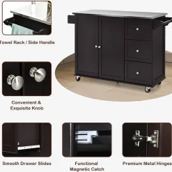 Desserte Îlot de Cuisine Desserte à roulettes avec 3 Tiroirs Support à Épices Porte Serviettes Brun