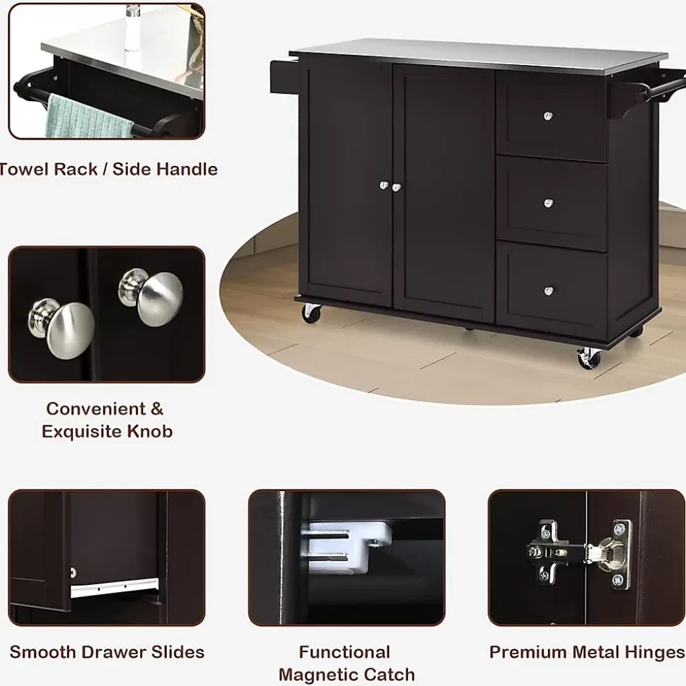 Desserte Îlot de Cuisine Desserte à roulettes avec 3 Tiroirs Support à Épices Porte Serviettes Brun