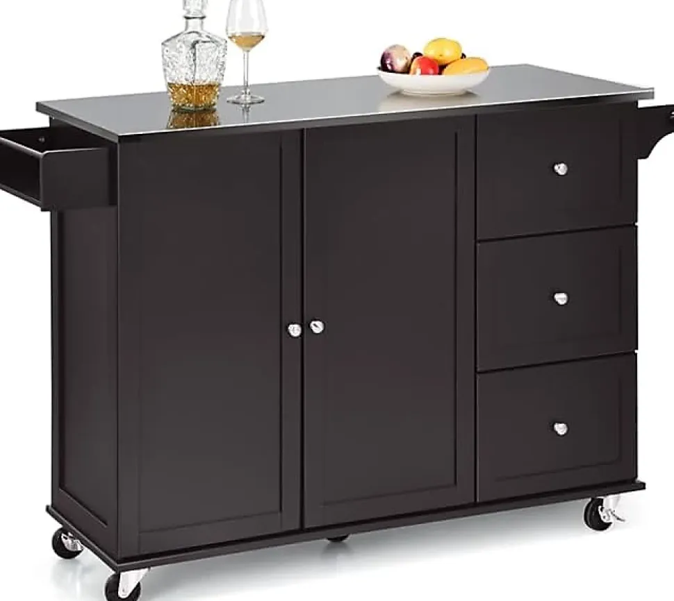 Desserte Îlot de Cuisine Desserte à roulettes avec 3 Tiroirs Support à Épices Porte Serviettes Brun