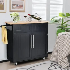 Desserte Îlot de Cuisine Desserte à roulettes Chariot en Bois avec Placard Étagère 3 Niveaux Réglables et 2 Tiroirs