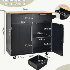 Desserte Îlot de Cuisine Desserte à roulettes Chariot en Bois avec Placard Étagère 3 Niveaux Réglables et 2 Tiroirs