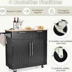 Desserte Îlot de Cuisine Desserte à roulettes Chariot en Bois avec Placard Étagère 3 Niveaux Réglables et 2 Tiroirs