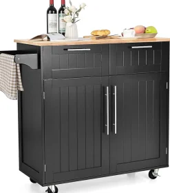 Desserte Îlot de Cuisine Desserte à roulettes Chariot en Bois avec Placard Étagère 3 Niveaux Réglables et 2 Tiroirs