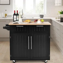 Desserte Îlot de Cuisine Desserte à roulettes Chariot en Bois avec Placard Étagère 3 Niveaux Réglables et 2 Tiroirs