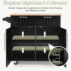 Desserte Îlot de Cuisine Desserte à roulettes Chariot en Bois avec Placard Étagère 3 Niveaux Réglables et 2 Tiroirs