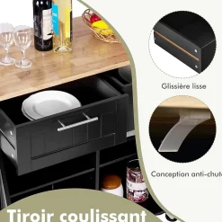 Desserte Îlot de Cuisine Desserte à roulettes Chariot en Bois avec Placard Étagère 3 Niveaux Réglables et 2 Tiroirs