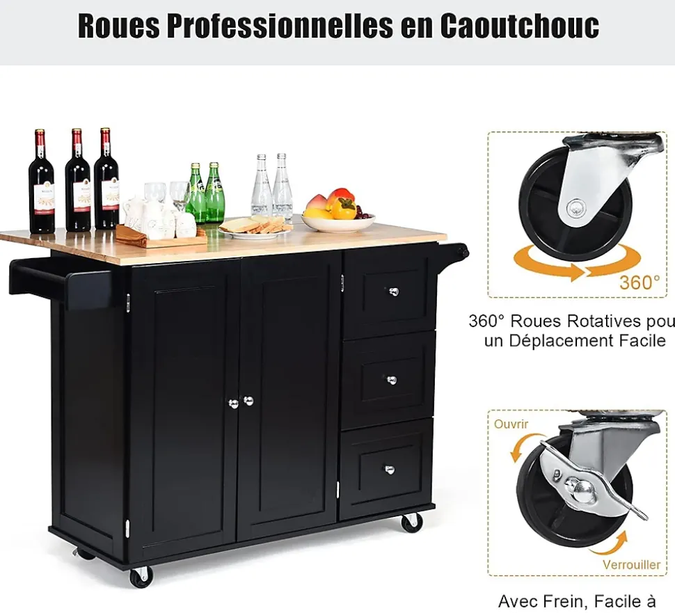 Desserte Îlot de Cuisine Desserte à roulettes avec 1 Armoire à 3 Niveaux et 3 Tiroirs avec 2 Planches et Plateau Pliable