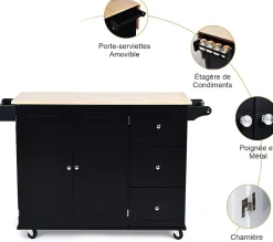 Desserte Îlot de Cuisine Desserte à roulettes avec 1 Armoire à 3 Niveaux et 3 Tiroirs avec 2 Planches et Plateau Pliable