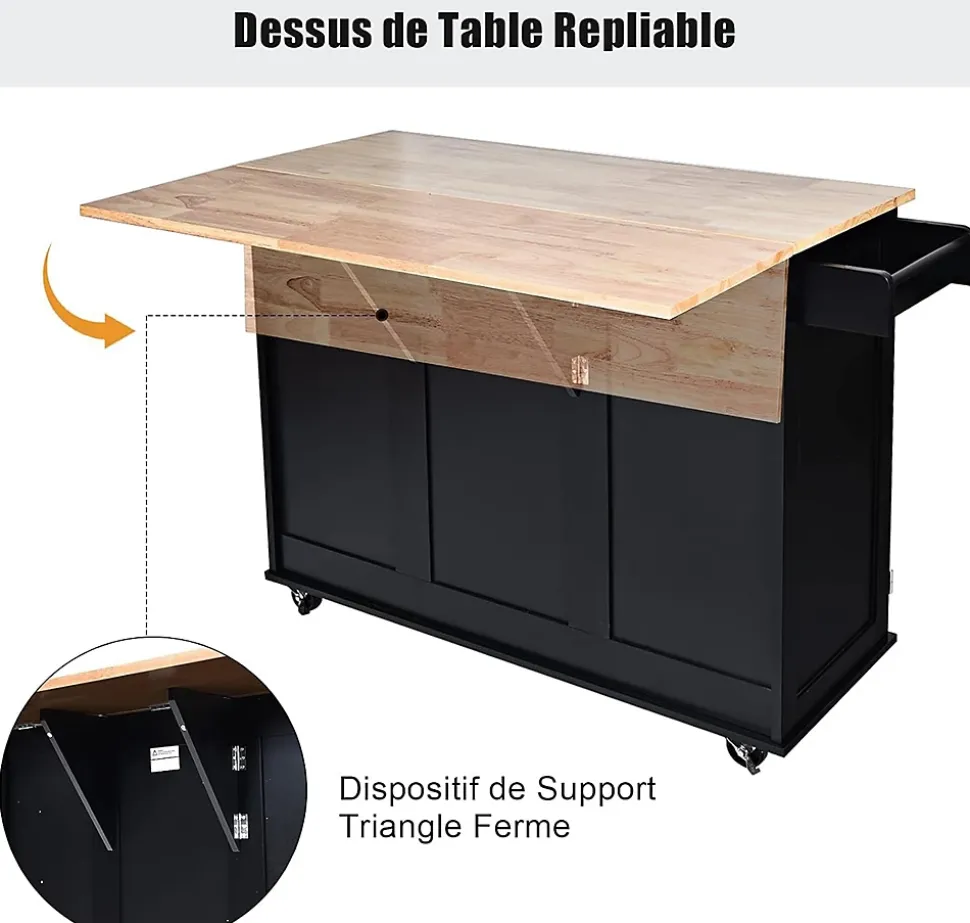 Desserte Îlot de Cuisine Desserte à roulettes avec 1 Armoire à 3 Niveaux et 3 Tiroirs avec 2 Planches et Plateau Pliable