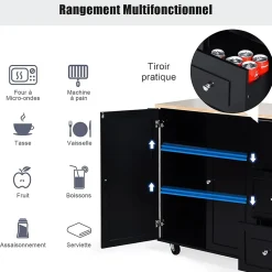 Desserte Îlot de Cuisine Desserte à roulettes avec 1 Armoire à 3 Niveaux et 3 Tiroirs avec 2 Planches et Plateau Pliable