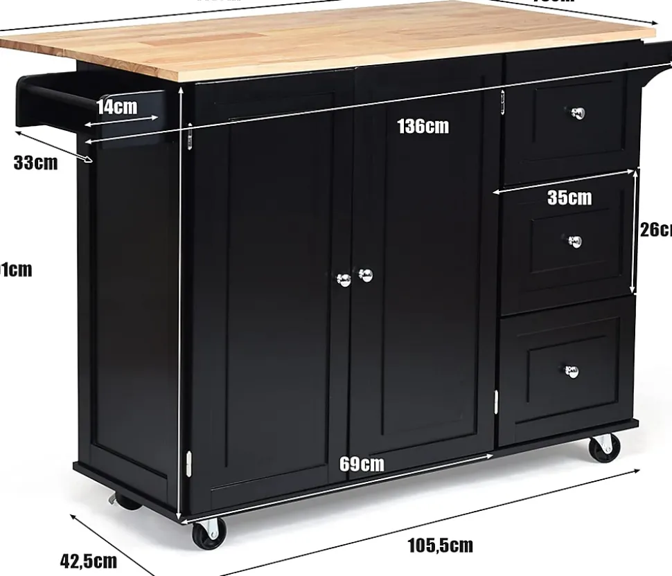 Desserte Îlot de Cuisine Desserte à roulettes avec 1 Armoire à 3 Niveaux et 3 Tiroirs avec 2 Planches et Plateau Pliable