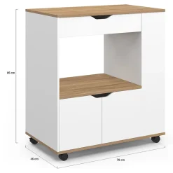 Desserte micro-onde de cuisine COSI placard avec tiroir et étagères à épices bois blanc et plateaux façon hêtre L.76 cm