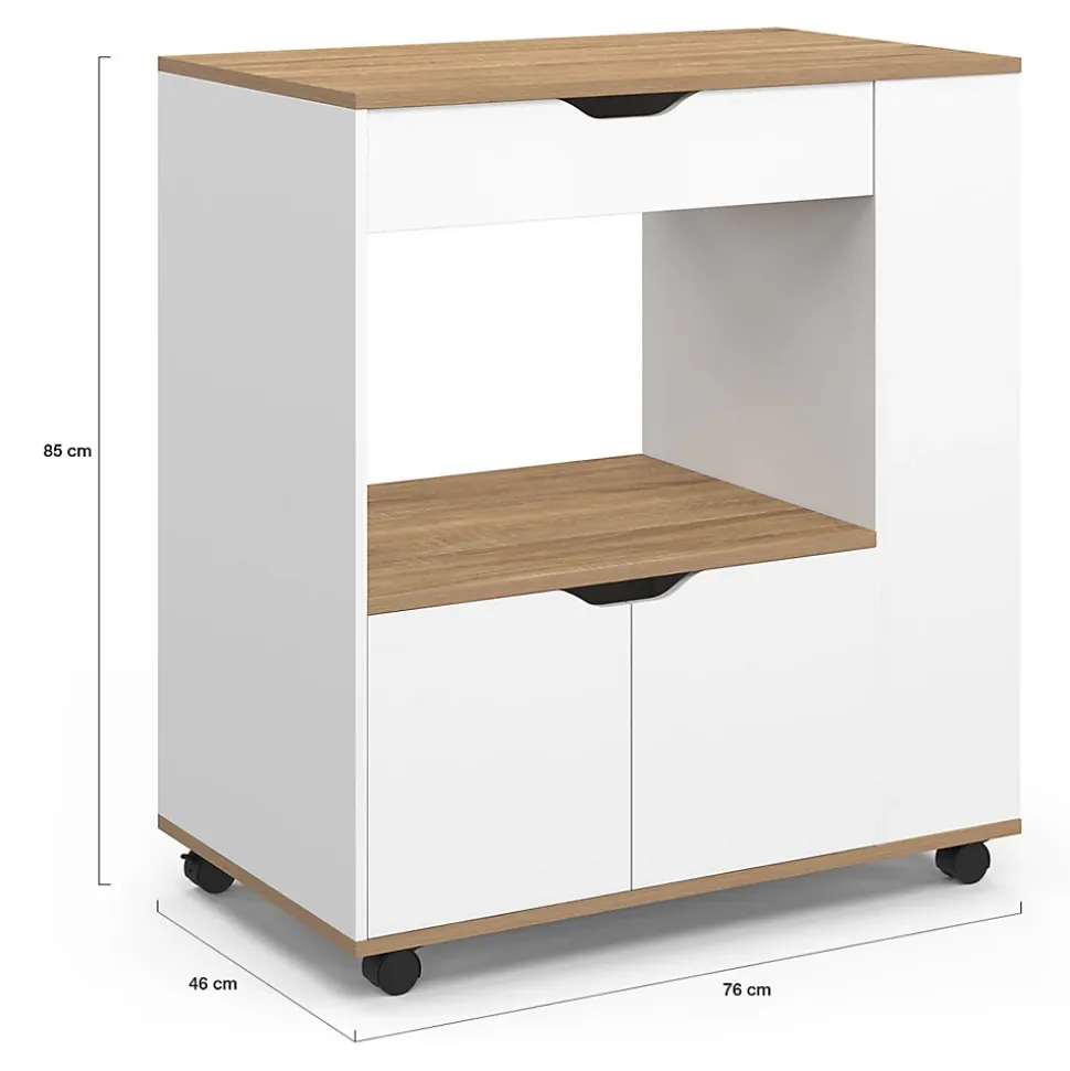 Desserte micro-onde de cuisine COSI placard avec tiroir et étagères à épices bois blanc et plateaux façon hêtre L.76 cm