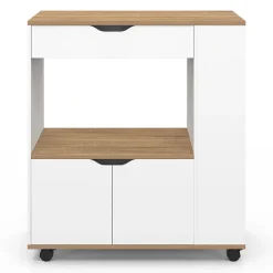 Desserte micro-onde de cuisine COSI placard avec tiroir et étagères à épices bois blanc et plateaux façon hêtre L.76 cm