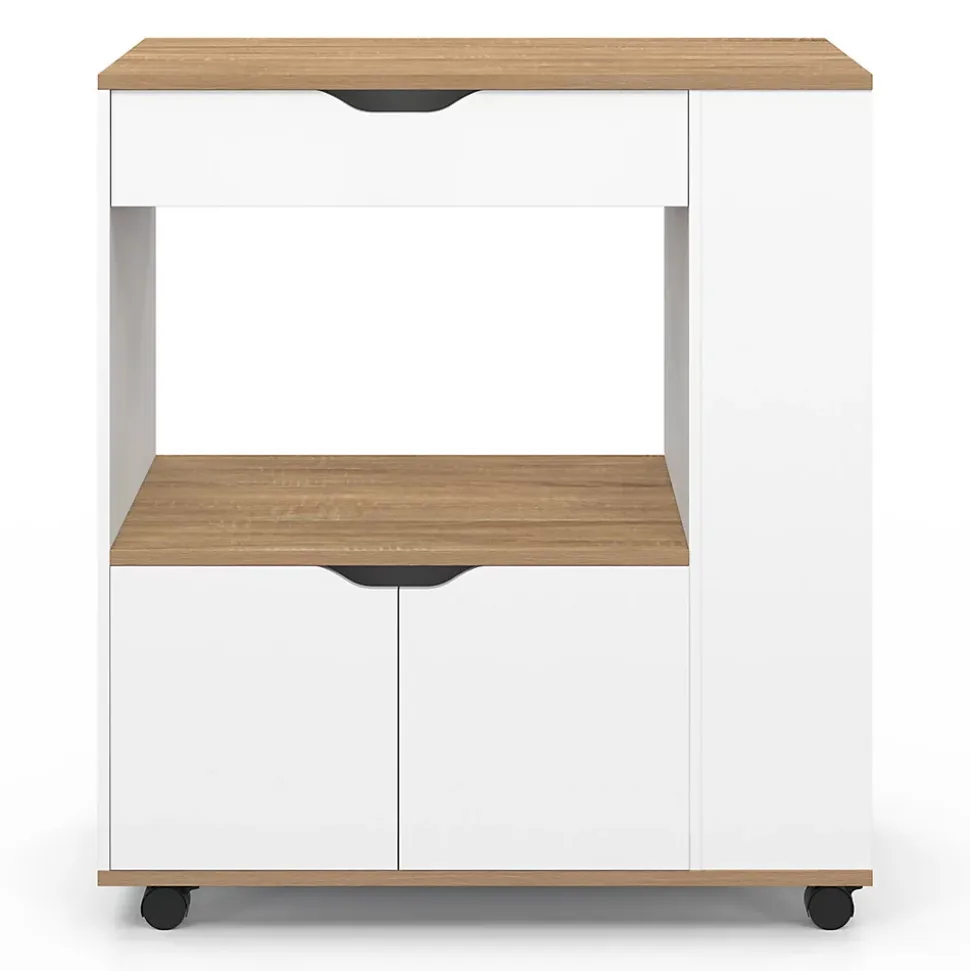 Desserte micro-onde de cuisine COSI placard avec tiroir et étagères à épices bois blanc et plateaux façon hêtre L.76 cm