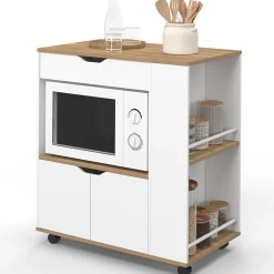 Desserte micro-onde de cuisine COSI placard avec tiroir et étagères à épices bois blanc et plateaux façon hêtre L.76 cm