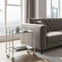 Desserte pliante BAUHAUS avec roulettes, Structure blanche, 2 niveaux, 4 positions