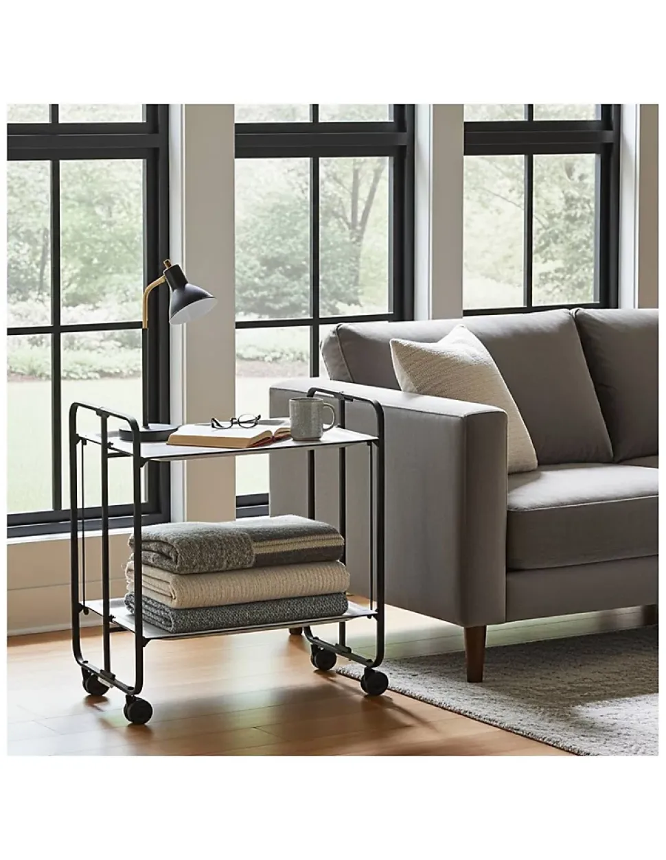 Desserte pliante BAUHAUS avec roulettes, Structure noire, 2 niveaux, 4 positions