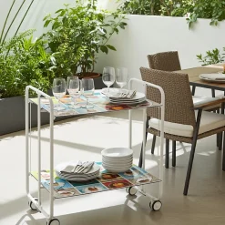 Desserte pliante BAUHAUS avec roulettes, Structure blanche, 2 niveaux, 4 positions