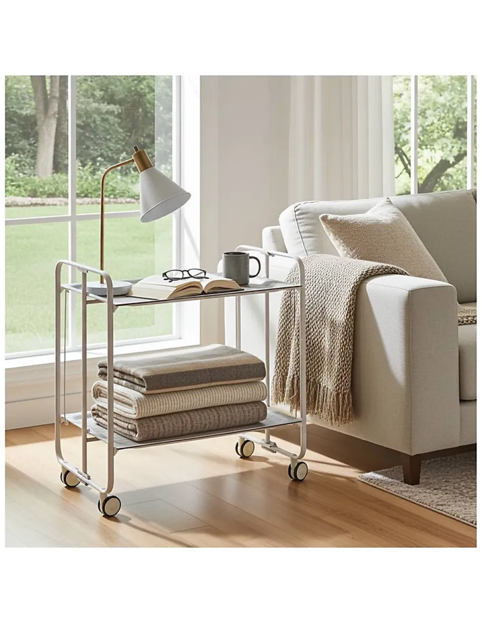 Desserte pliante BAUHAUS avec roulettes, Structure grise, 2 niveaux, 4 positions