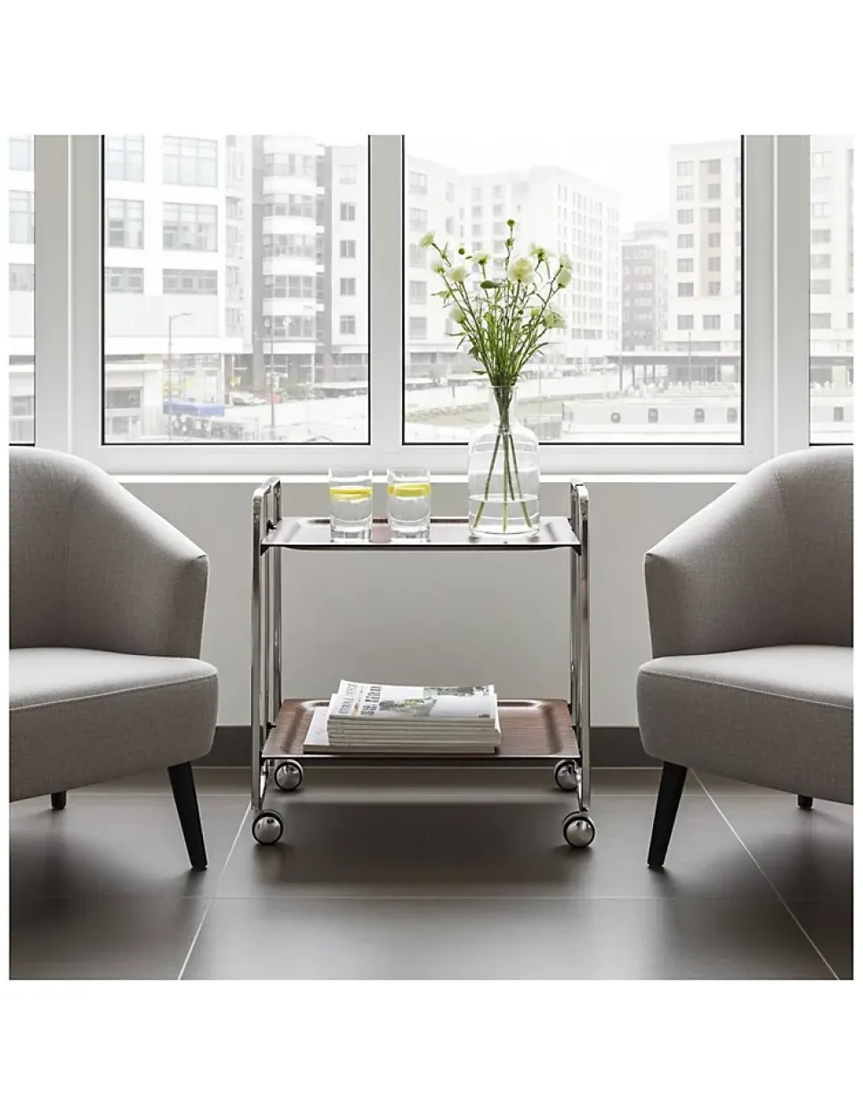 Desserte pliante BAUHAUS avec roulettes, Structure chromée, 2 niveaux, 4 positions