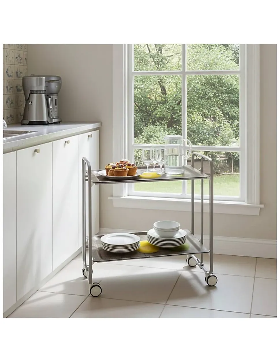 Desserte pliante BAUHAUS avec roulettes, Structure grise, 2 niveaux, 4 positions
