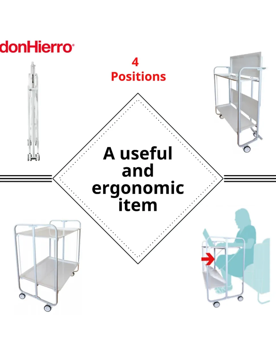 Desserte pliante BAUHAUS avec roulettes, Structure blanche, 2 niveaux, 4 positions