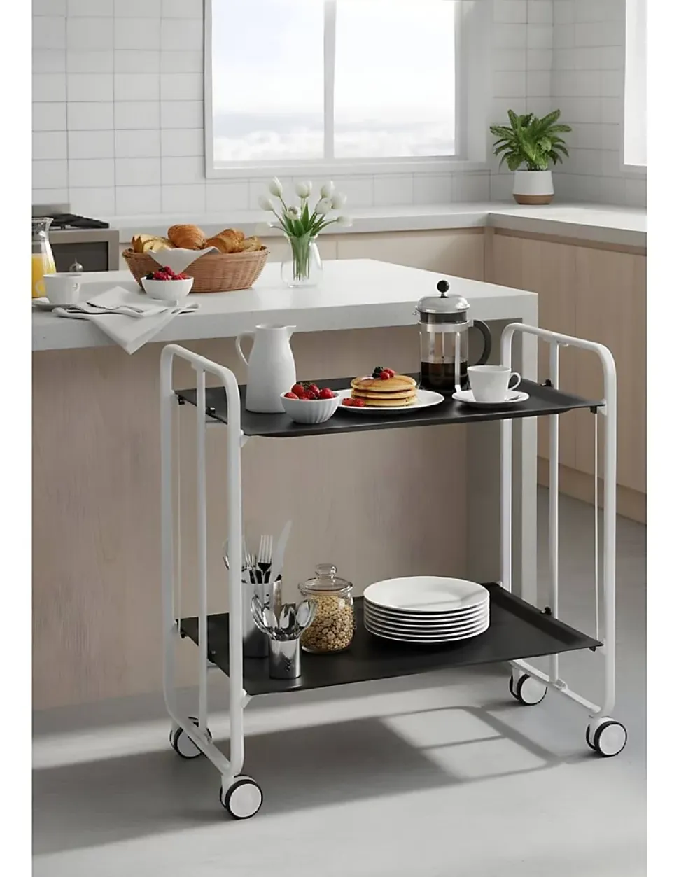 Desserte pliante BAUHAUS avec roulettes, Structure blanche, 2 niveaux, 4 positions