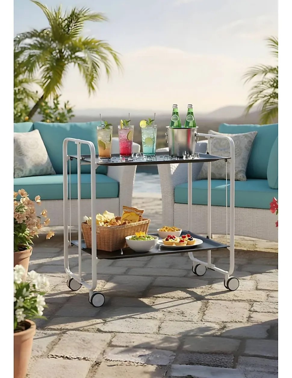 Desserte pliante BAUHAUS avec roulettes, Structure blanche, 2 niveaux, 4 positions