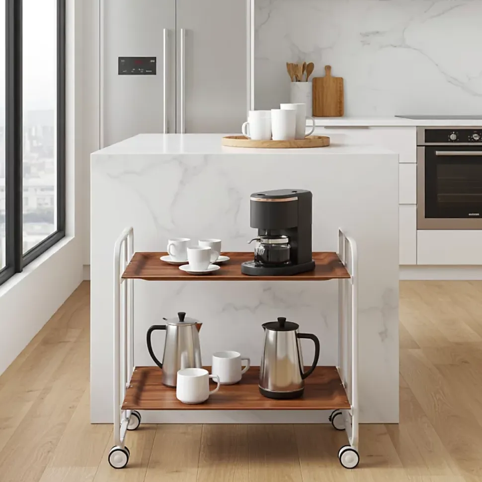 Desserte pliante BAUHAUS avec roulettes, Structure grise, 2 niveaux, 4 positions