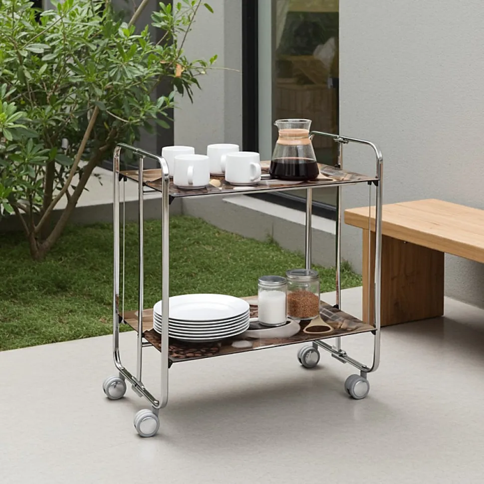 Desserte pliante BAUHAUS avec roulettes, Structure chromée, 2 niveaux, 4 positions