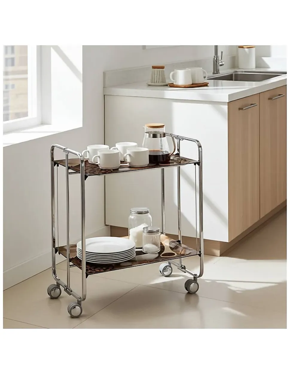 Desserte pliante BAUHAUS avec roulettes, Structure chromée, 2 niveaux, 4 positions