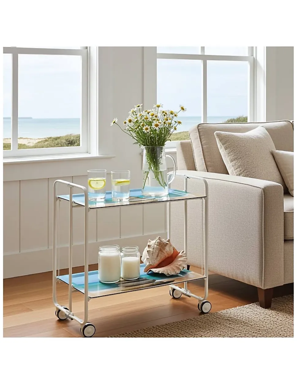 Desserte pliante BAUHAUS avec roulettes, Structure blanche, 2 niveaux, 4 positions