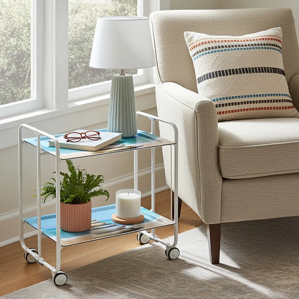 Desserte pliante BAUHAUS avec roulettes, Structure blanche, 2 niveaux, 4 positions
