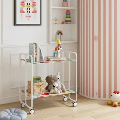 Desserte pliante BAUHAUS avec roulettes, Structure blanche, 2 niveaux, 4 positions