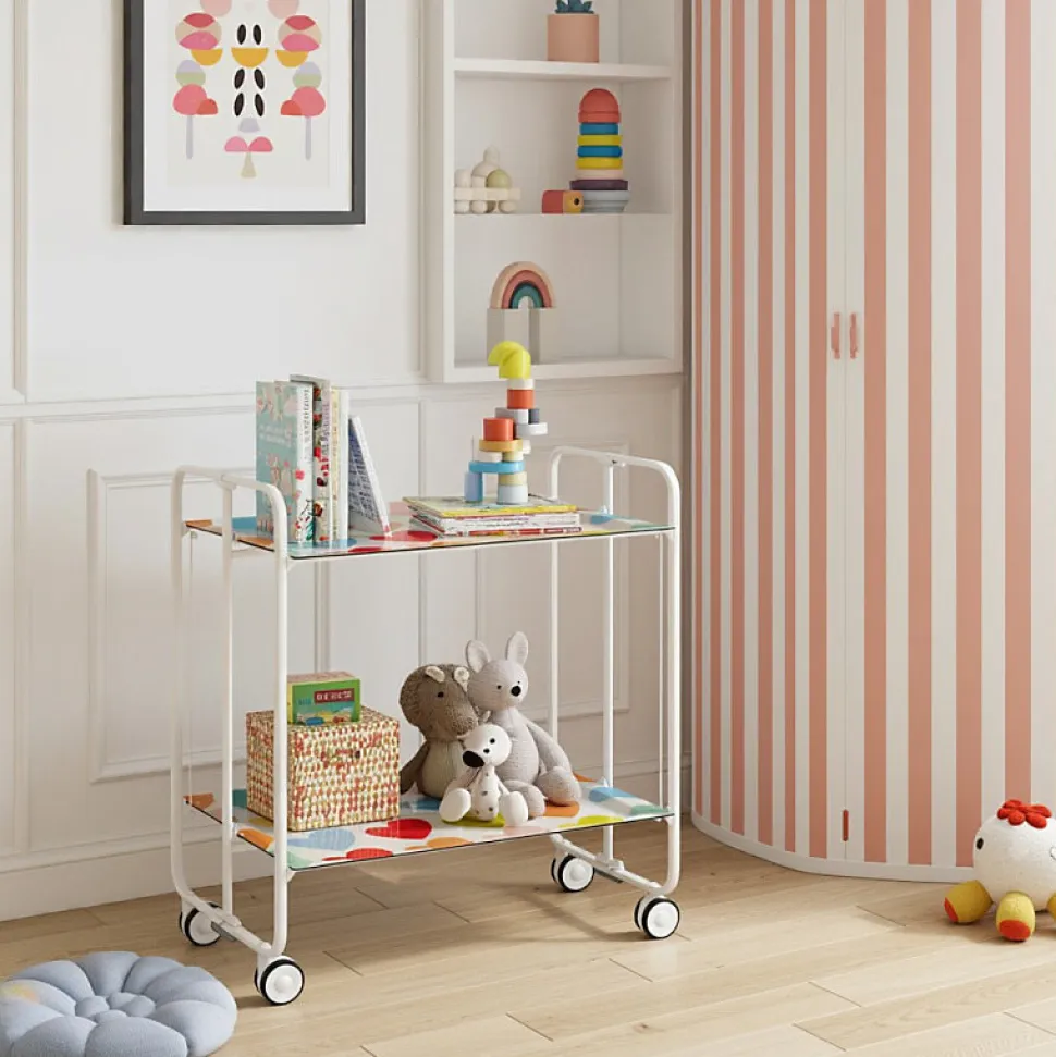 Desserte pliante BAUHAUS avec roulettes, Structure blanche, 2 niveaux, 4 positions