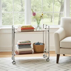 Desserte pliante BAUHAUS avec roulettes, Structure chromée, 2 niveaux, 4 positions