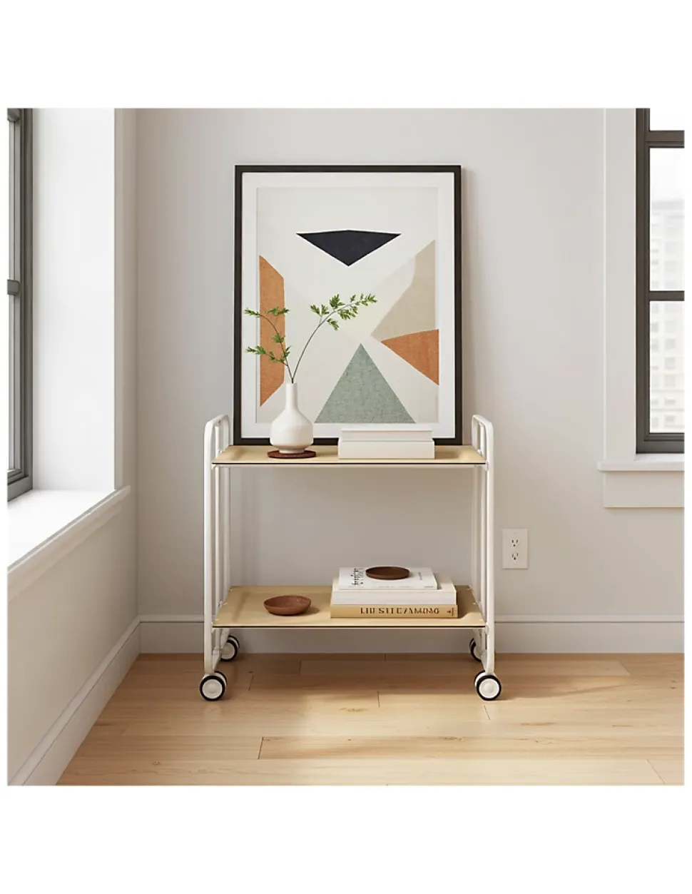 Desserte pliante BAUHAUS avec roulettes, Structure blanche, 2 niveaux, 4 positions