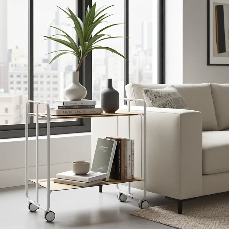 Desserte pliante BAUHAUS avec roulettes, Structure blanche, 2 niveaux, 4 positions