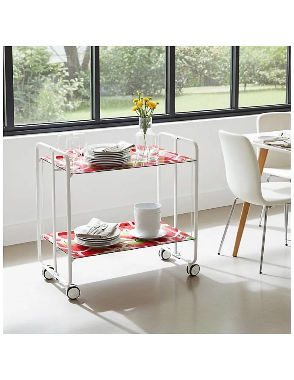 Desserte pliante BAUHAUS avec roulettes, Structure blanche, 2 niveaux, 4 positions