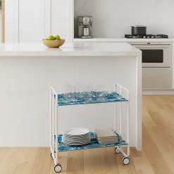 Desserte pliante BAUHAUS avec roulettes, Structure blanche, 2 niveaux, 4 positions