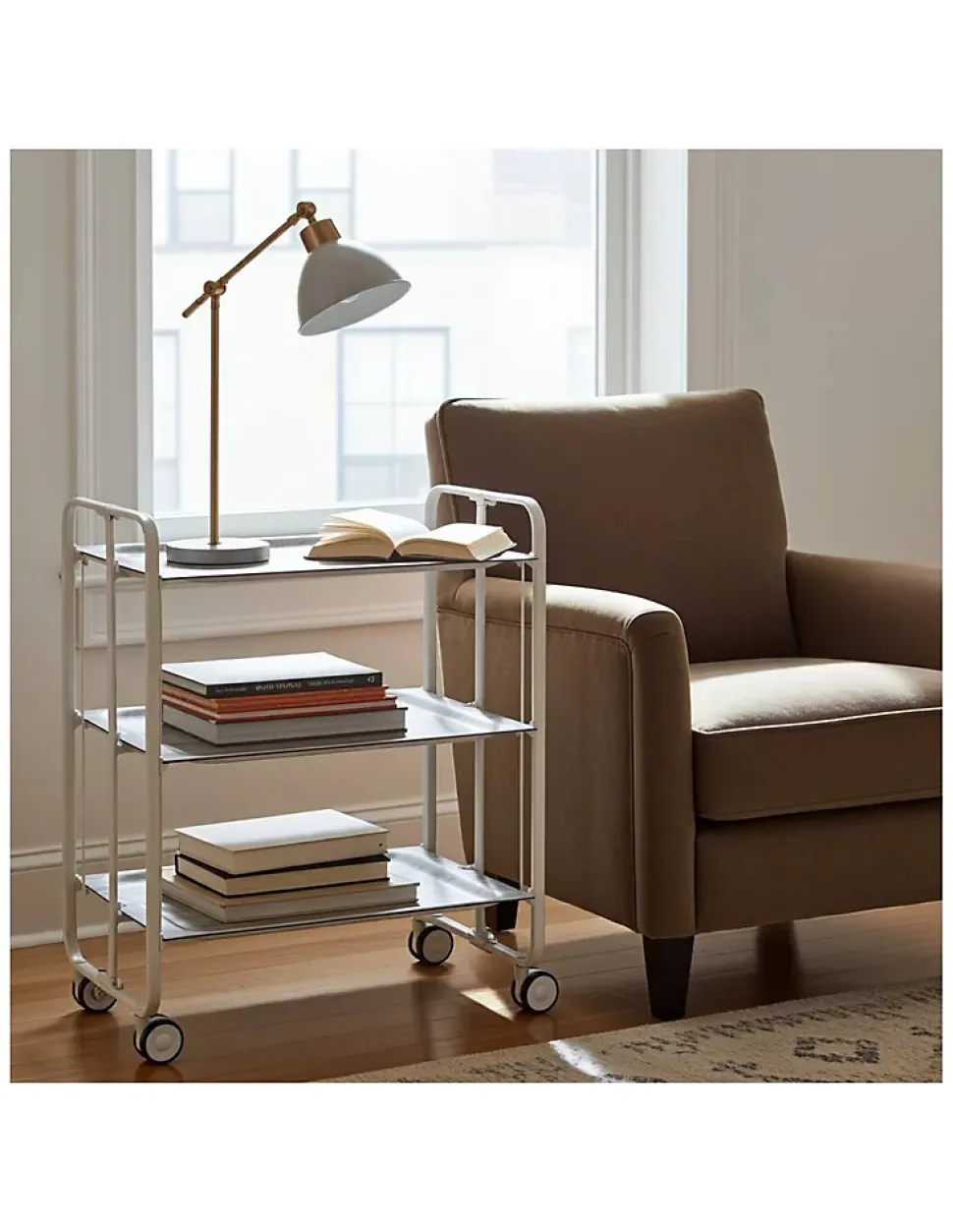 Desserte pliante BAUHAUS avec roulettes, Structure blanche, 3 niveaux, 3 positions