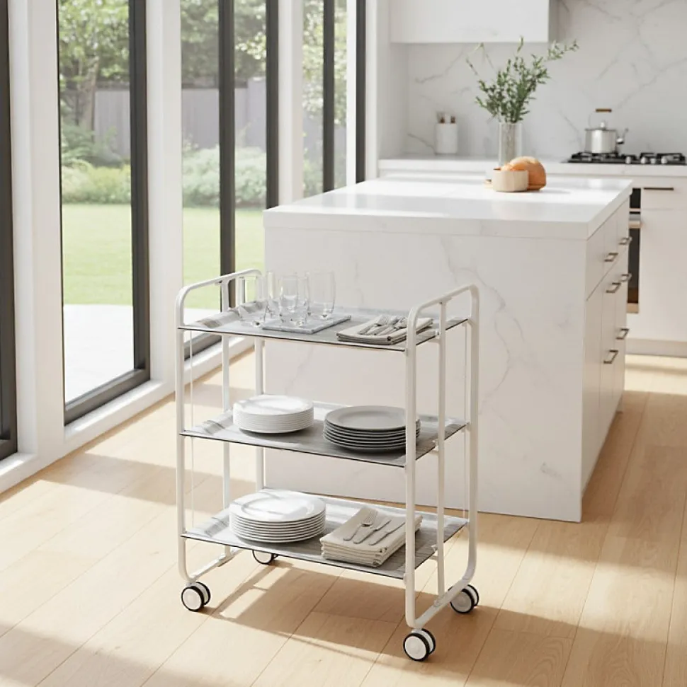 Desserte pliante BAUHAUS avec roulettes, Structure blanche, 3 niveaux, 3 positions