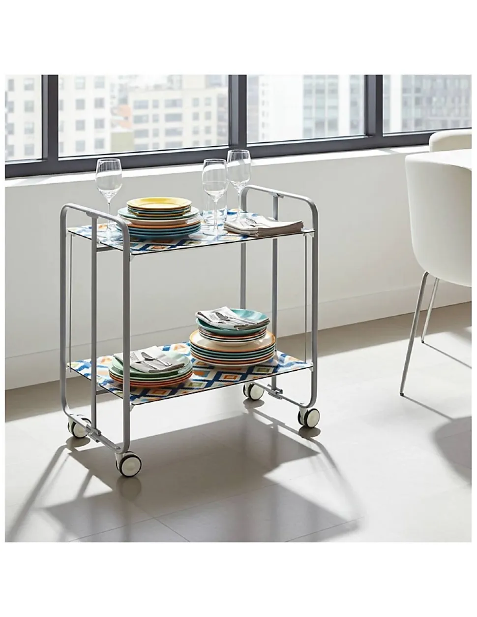 Desserte pliante BAUHAUS avec roulettes, Structure grise, 2 niveaux, 4 positions