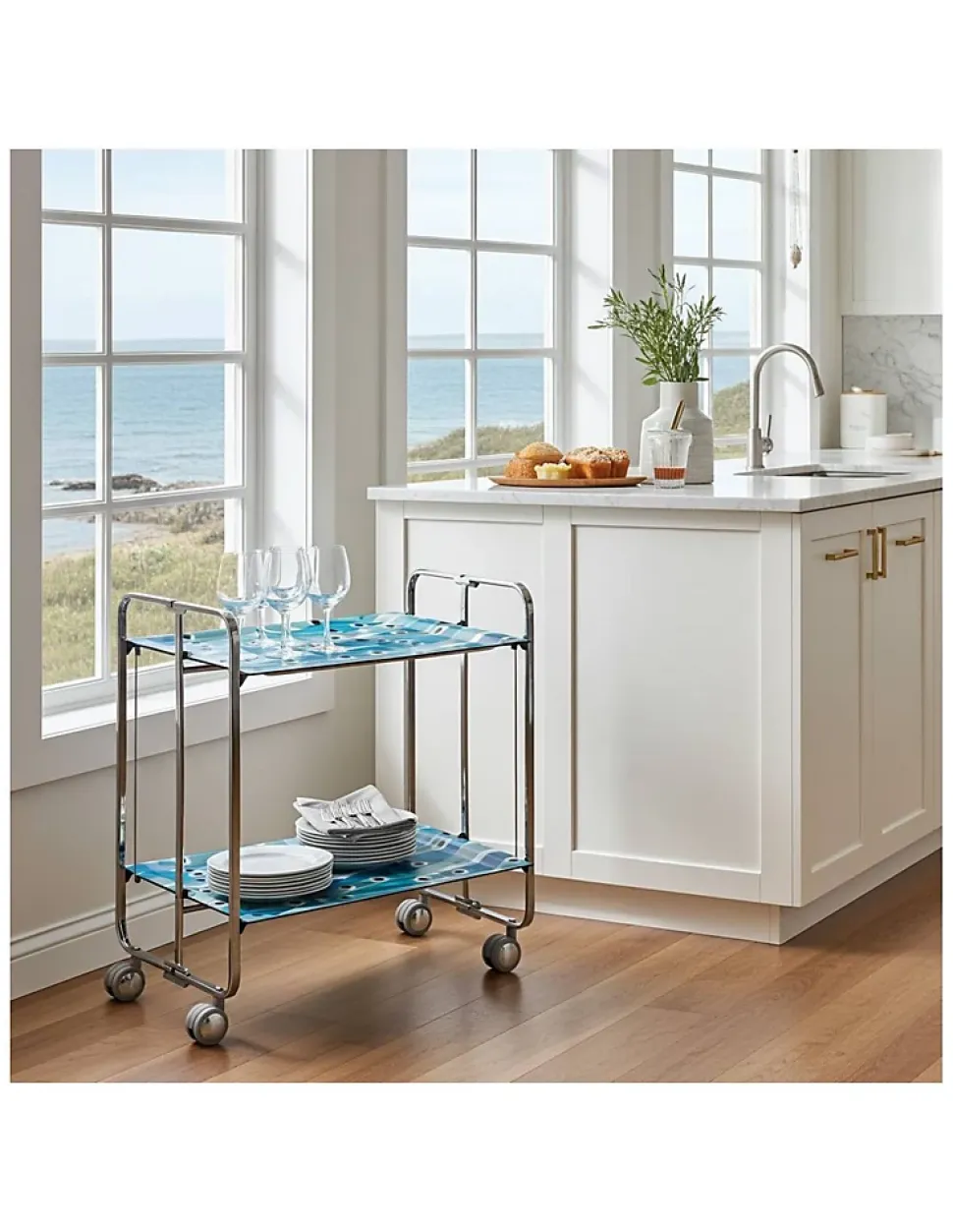 Desserte pliante BAUHAUS avec roulettes, Structure chromée, 2 niveaux, 4 positions