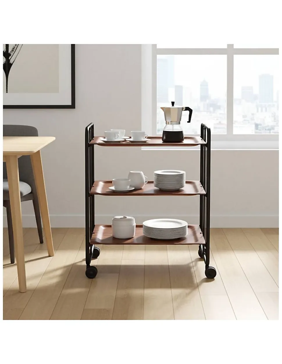 Desserte pliante BAUHAUS avec roulettes, Structure noire, 3 niveaux, 3 positions