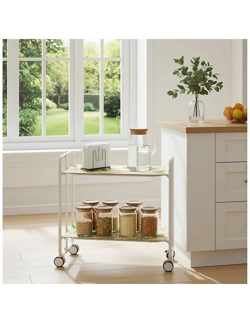 Desserte pliante BAUHAUS avec roulettes, Structure blanche, 2 niveaux, 4 positions