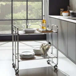 Desserte pliante BAUHAUS avec roulettes, Structure chromée, 2 niveaux, 4 positions